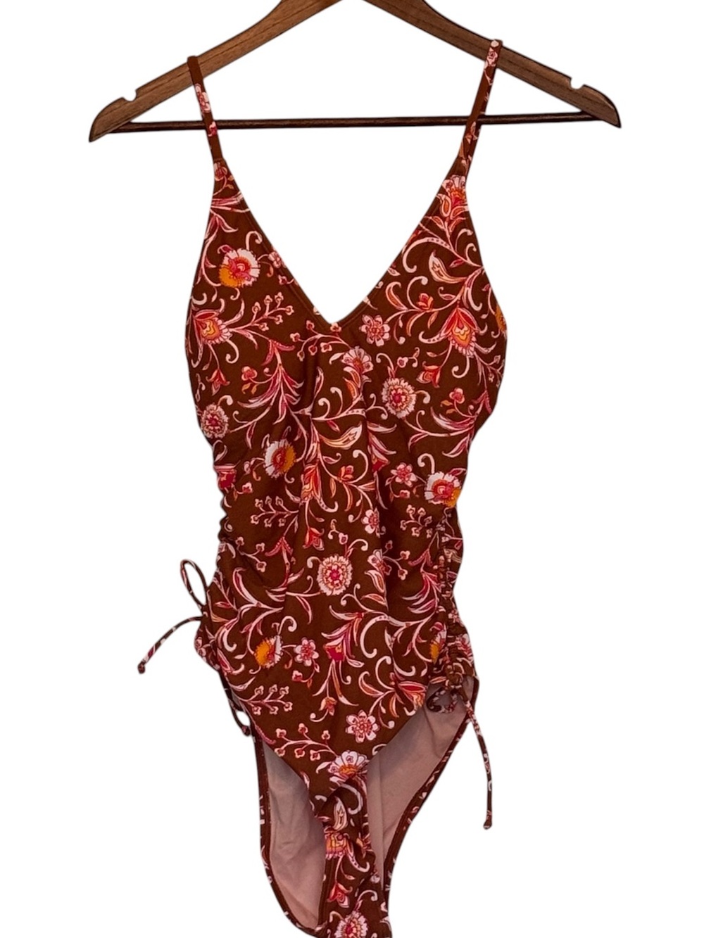 NWT Cupshe One Piece Swimsuit Womens Small Brown Floral Ruched Side Tie Boho